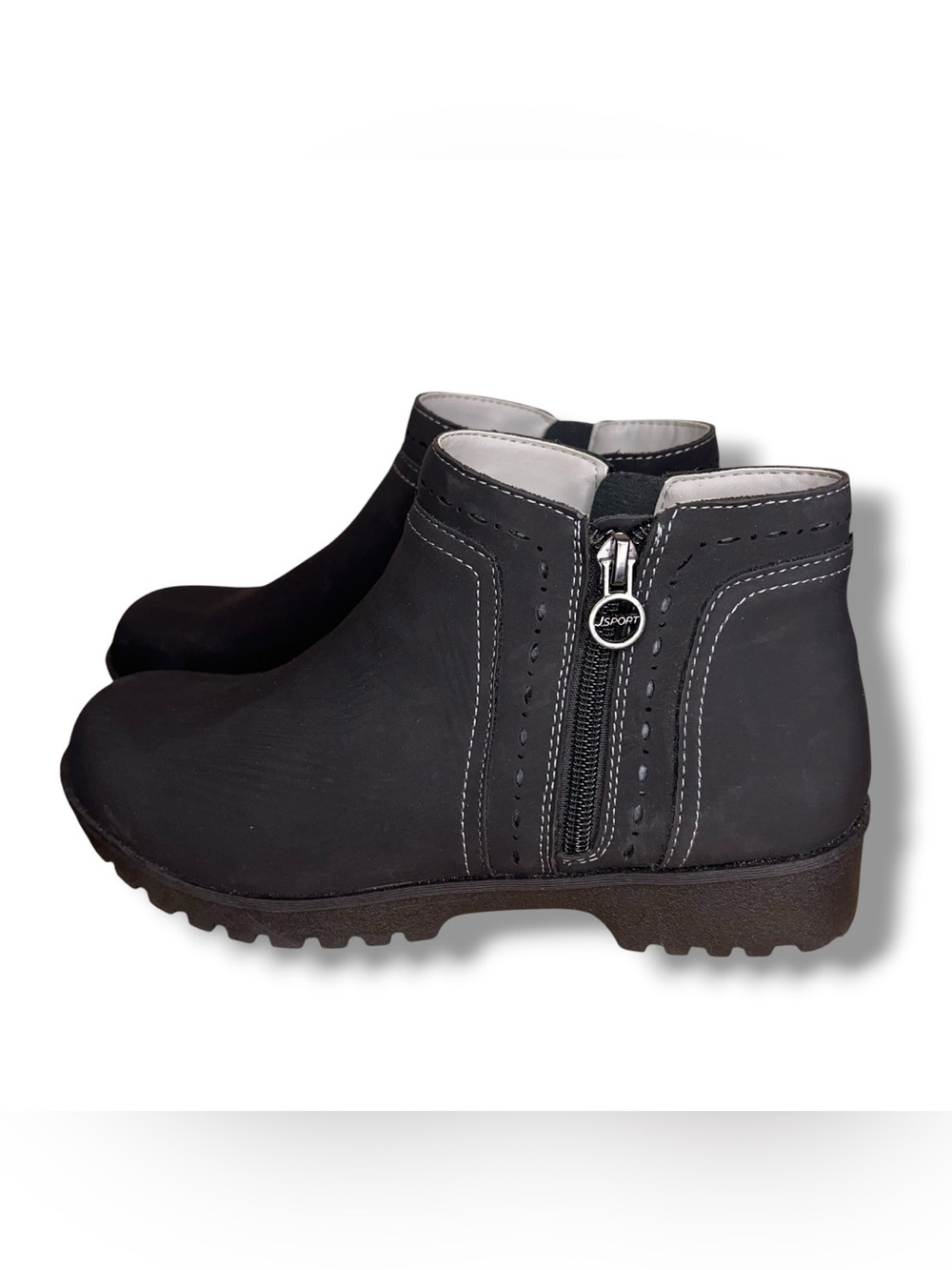 Size 7 J Sport Jenna Black Faux Suede Ankle Booties Zip Closure Chunky Heel